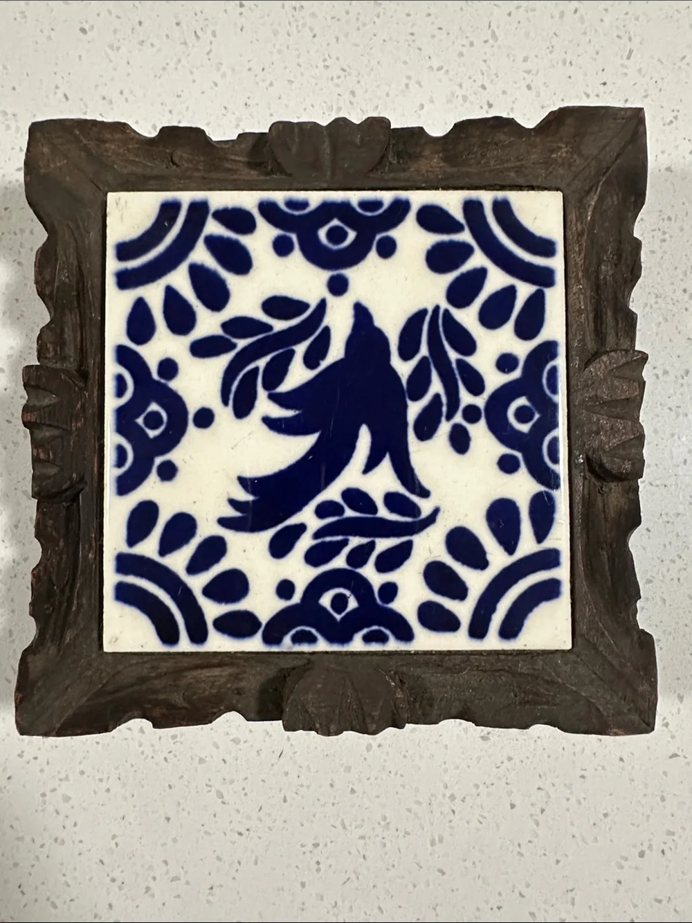Handmade Blue and White Ceramic Tile Trivet with Carved Wooden Frame